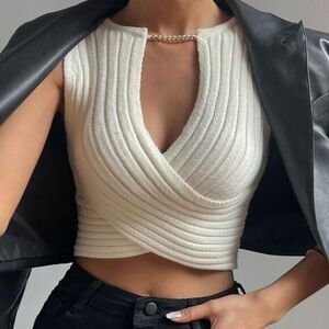 Crossover Chain Detail Crop Knit Top